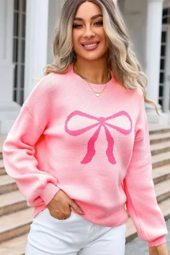 Discount Dear-Lover Bow Graphic Drop Shoulder Round Neck Sweater Pink