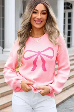 Discount Dear-Lover Bow Graphic Drop Shoulder Round Neck Sweater Pink