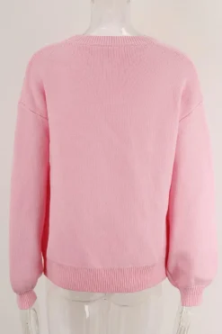 Discount Dear-Lover Bow Graphic Drop Shoulder Round Neck Sweater Pink