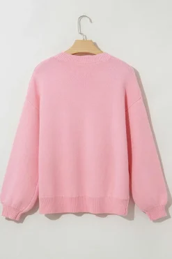 Discount Dear-Lover Bow Graphic Drop Shoulder Round Neck Sweater Pink