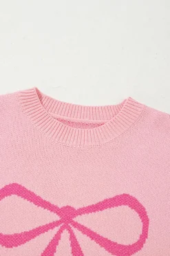 Discount Dear-Lover Bow Graphic Drop Shoulder Round Neck Sweater Pink