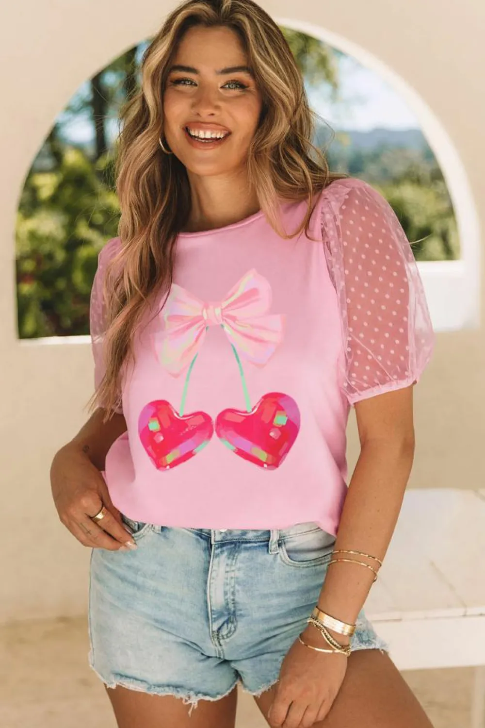 New Dear-Lover Bow Heart Shape Cherry Print Dotted Mesh Sleeve T Shirt Pink
