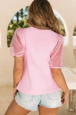 New Dear-Lover Bow Heart Shape Cherry Print Dotted Mesh Sleeve T Shirt Pink