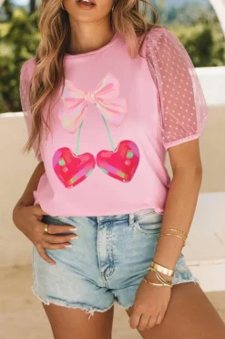 New Dear-Lover Bow Heart Shape Cherry Print Dotted Mesh Sleeve T Shirt Pink