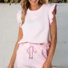 New Dear-Lover Bow Jacquard Ruffle Sleeve Short 2pcs Outfit Pink
