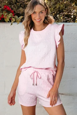 New Dear-Lover Bow Jacquard Ruffle Sleeve Short 2pcs Outfit Pink