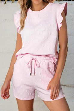 New Dear-Lover Bow Jacquard Ruffle Sleeve Short 2pcs Outfit Pink