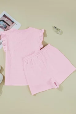New Dear-Lover Bow Jacquard Ruffle Sleeve Short 2pcs Outfit Pink