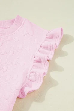 New Dear-Lover Bow Jacquard Ruffle Sleeve Short 2pcs Outfit Pink