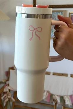 New Dear-Lover Bow Knot Color Block Handle Tumbler 40Z Pink