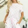 Online Dear-Lover Bow Knot Geometric Print Lettuce Trim Two Piece Lounge Set Pink