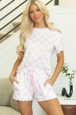 Online Dear-Lover Bow Knot Geometric Print Lettuce Trim Two Piece Lounge Set Pink
