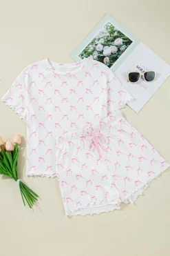 Online Dear-Lover Bow Knot Geometric Print Lettuce Trim Two Piece Lounge Set Pink