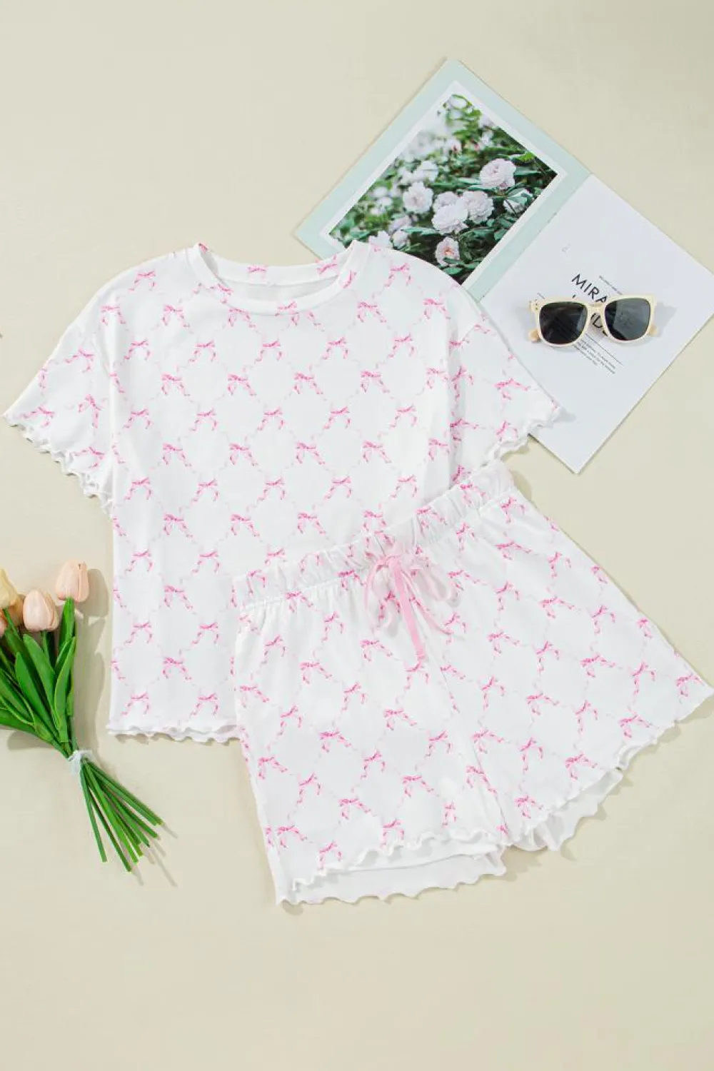 Online Dear-Lover Bow Knot Geometric Print Lettuce Trim Two Piece Lounge Set Pink
