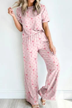 Hot Dear-Lover Bow Knot Polka Dot Print Short Sleeve Top Lounge Set Pink