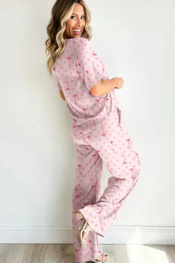 Hot Dear-Lover Bow Knot Polka Dot Print Short Sleeve Top Lounge Set Pink