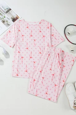 Hot Dear-Lover Bow Knot Polka Dot Print Short Sleeve Top Lounge Set Pink