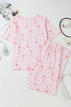 Hot Dear-Lover Bow Knot Polka Dot Print Short Sleeve Top Lounge Set Pink