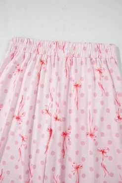 Hot Dear-Lover Bow Knot Polka Dot Print Short Sleeve Top Lounge Set Pink