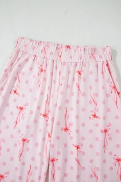 Hot Dear-Lover Bow Knot Polka Dot Print Short Sleeve Top Lounge Set Pink