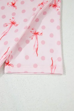 Hot Dear-Lover Bow Knot Polka Dot Print Short Sleeve Top Lounge Set Pink