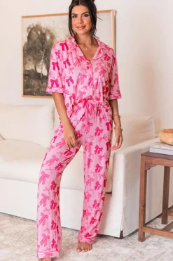 Best Dear-Lover Bow Knot Print Lapel Collar Short Sleeve and Pants Pajamas Set Pink