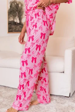 Best Dear-Lover Bow Knot Print Lapel Collar Short Sleeve and Pants Pajamas Set Pink
