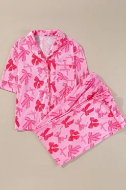 Best Dear-Lover Bow Knot Print Lapel Collar Short Sleeve and Pants Pajamas Set Pink