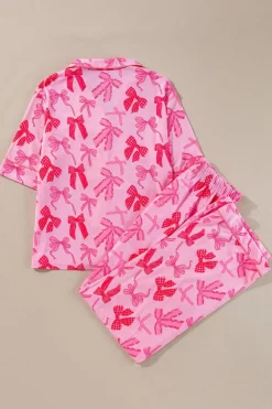 Best Dear-Lover Bow Knot Print Lapel Collar Short Sleeve and Pants Pajamas Set Pink