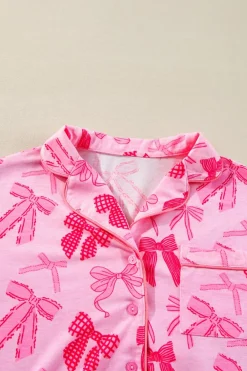 Best Dear-Lover Bow Knot Print Lapel Collar Short Sleeve and Pants Pajamas Set Pink