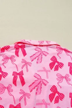 Best Dear-Lover Bow Knot Print Lapel Collar Short Sleeve and Pants Pajamas Set Pink