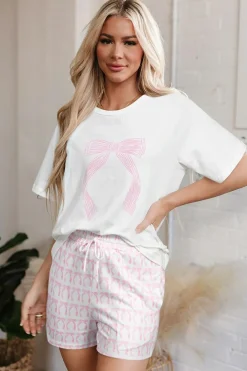 Fashion Dear-Lover Bow Knot Print Loose Fit Two Piece Casual Lounge Set Pink