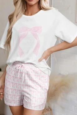 Fashion Dear-Lover Bow Knot Print Loose Fit Two Piece Casual Lounge Set Pink