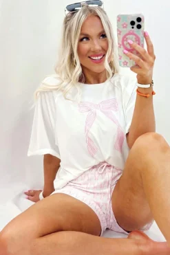 Fashion Dear-Lover Bow Knot Print Loose Fit Two Piece Casual Lounge Set Pink