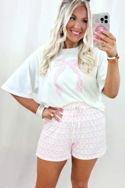 Fashion Dear-Lover Bow Knot Print Loose Fit Two Piece Casual Lounge Set Pink