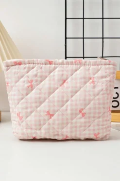 Hot Dear-Lover Bow Knot Print Zipper Quilted Large Cosmetic Bag Pink