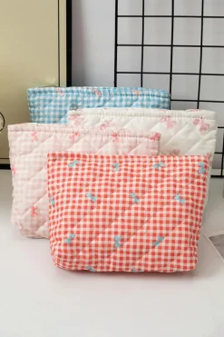 Hot Dear-Lover Bow Knot Print Zipper Quilted Large Cosmetic Bag Pink