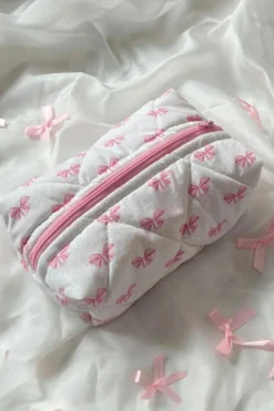 Best Dear-Lover Bow Knot Quilted Zipper Makeup Bag Pink