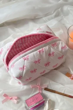 Best Dear-Lover Bow Knot Quilted Zipper Makeup Bag Pink