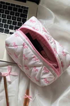 Best Dear-Lover Bow Knot Quilted Zipper Makeup Bag Pink