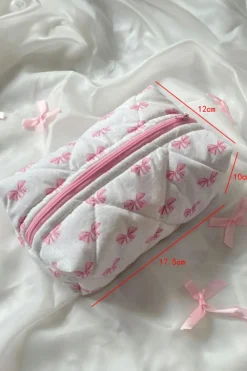 Best Dear-Lover Bow Knot Quilted Zipper Makeup Bag Pink