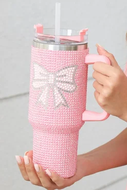 Clearance Dear-Lover Bow Knot Rhinestone Insulated Portable Cup 40oz Pink