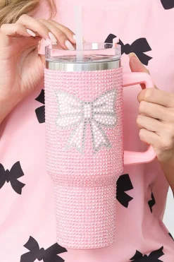 Clearance Dear-Lover Bow Knot Rhinestone Insulated Portable Cup 40oz Pink