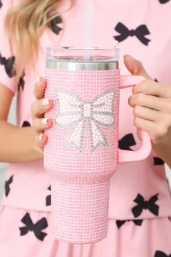 Clearance Dear-Lover Bow Knot Rhinestone Insulated Portable Cup 40oz Pink