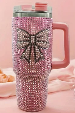 Clearance Dear-Lover Bow Knot Rhinestone Insulated Portable Cup 40oz Pink