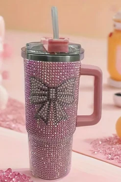 Clearance Dear-Lover Bow Knot Rhinestone Insulated Portable Cup 40oz Pink