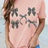 Best Dear-Lover Bow Knots Print Slim Fit Crew Neck T Shirt Pink