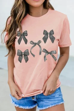 Best Dear-Lover Bow Knots Print Slim Fit Crew Neck T Shirt Pink