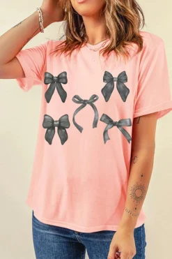 Best Dear-Lover Bow Knots Print Slim Fit Crew Neck T Shirt Pink