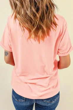 Best Dear-Lover Bow Knots Print Slim Fit Crew Neck T Shirt Pink